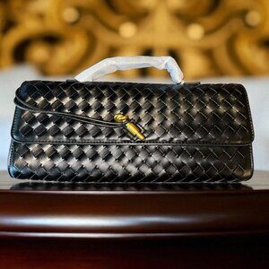 Black Woven Faux Leather Clutch Handbag With Shoulder Strap